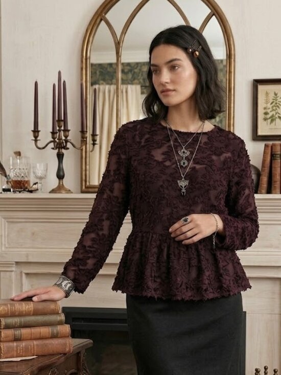 Altar'd State Tops - Altar'd State Medium Sheer Deep Purple Tie Peplum Top Academia Whimisgoth Fairy